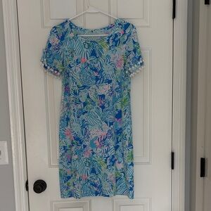 Tropical Lilly Pulitzer Print Dress with Pom Pom Sleeves